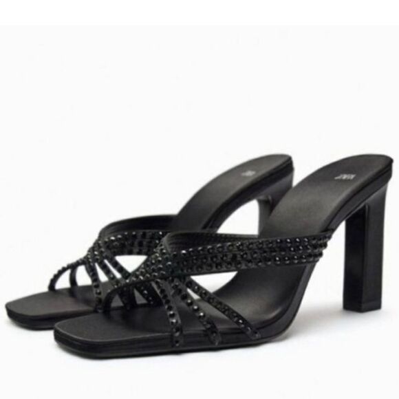 Zara Black High Heels Rhinestone Party Holiday Sandals Shoes Size 8 - Picture 1 of 9
